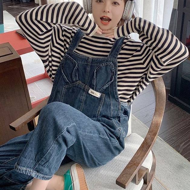 * Qu * Qu n Y m Quần Yếm Denim * Dáng Rộng Thiết Kế Tai Thỏ Phong Cách Hàn Quốc Đơn Giản Dễ Phối Đồ Thời Trang Xuân Thu Dành Cho Nữ