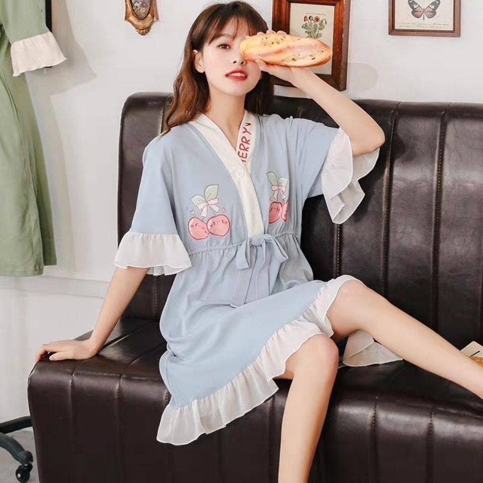 Đầm Ngủ Tay Ngắn Chất Cotton Phong Cách Kimono Nhật Bản Dễ Thương Thời Trang Mùa Hè Cho Nữ