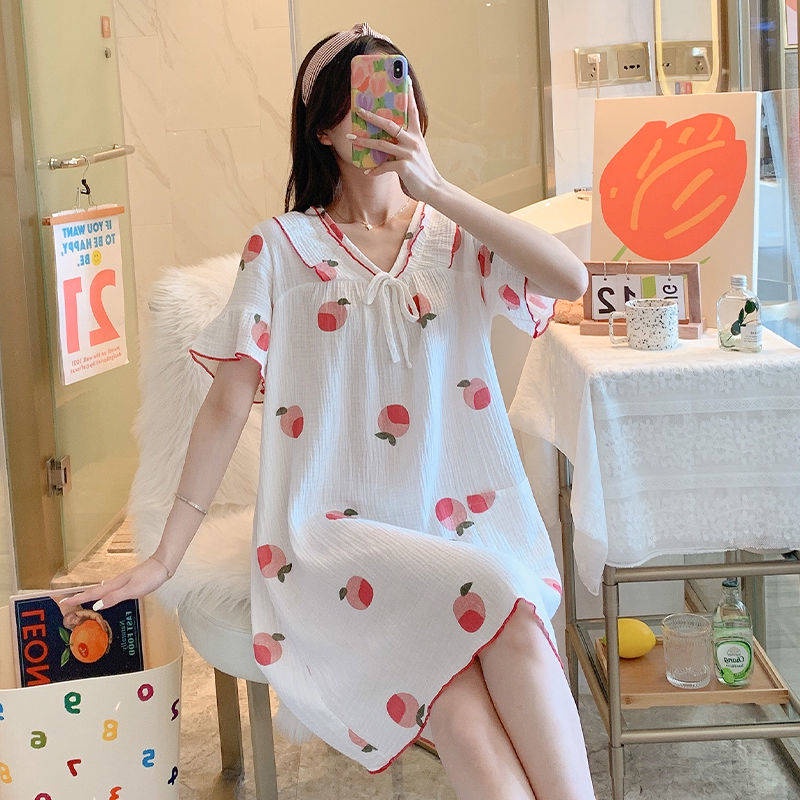 Đầm Ngủ Cotton Dáng Rộng In Họa Tiết Trái Đào Phong Cách Nhật Bản Thời Trang Mùa Hè Cho Nữ