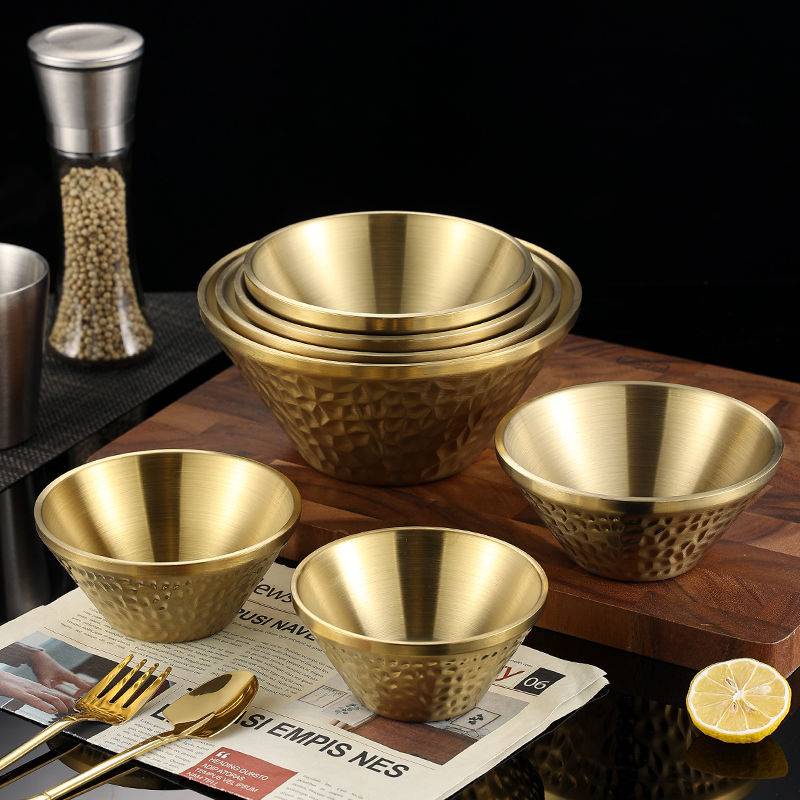 Bát Ăn Cơm / Salad Hai Lớp Bằng Thép Không Gỉ 304 Họa Tiết Búa Mạ Vàng Chống Bỏng Hình Chữ V Dành Cho Trẻ Em