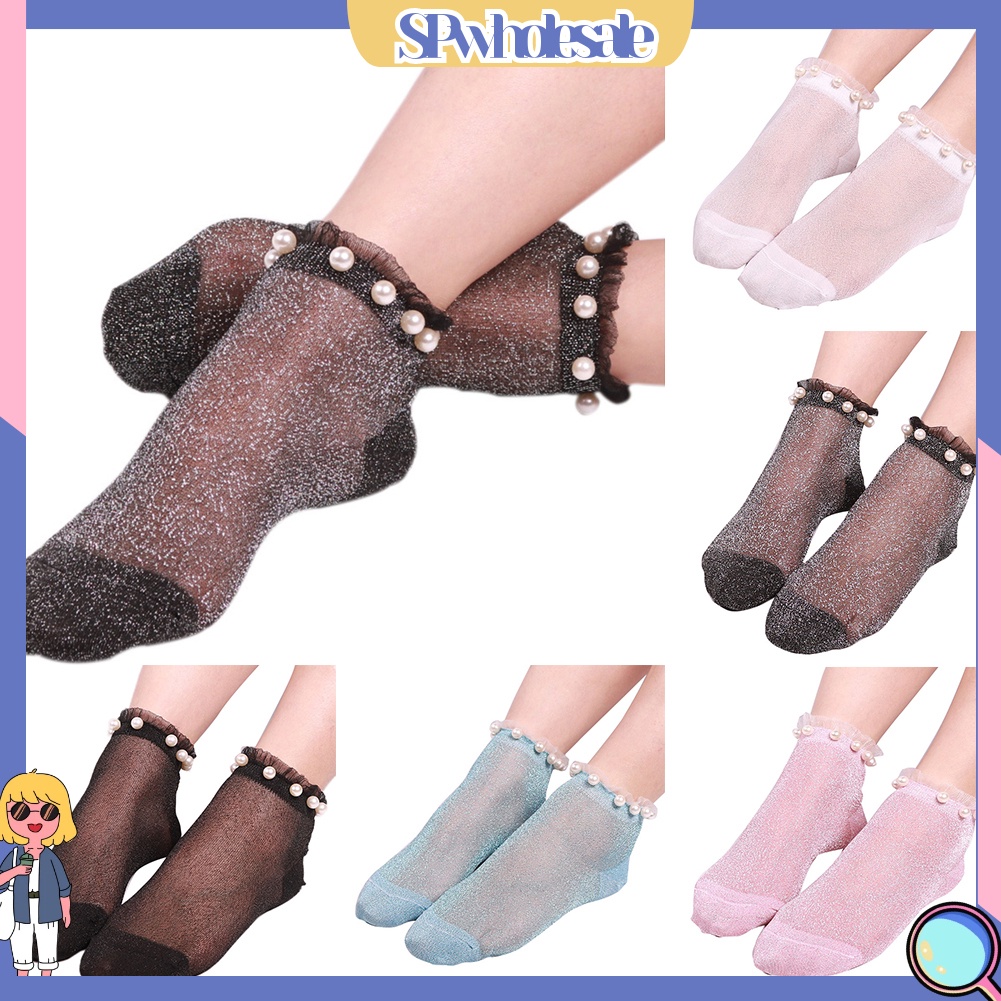 {SPwholesale} Vớ Cổ Thấp Co Giãn Trong Suốt Đính Ngọc Trai Giả Lấp Lánh Quyến Rũ Cho Nữ