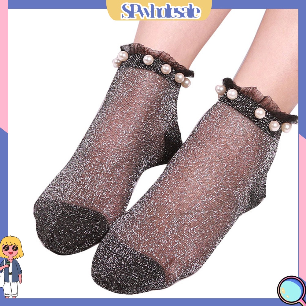 {SPwholesale} Vớ Cổ Thấp Co Giãn Trong Suốt Đính Ngọc Trai Giả Lấp Lánh Quyến Rũ Cho Nữ