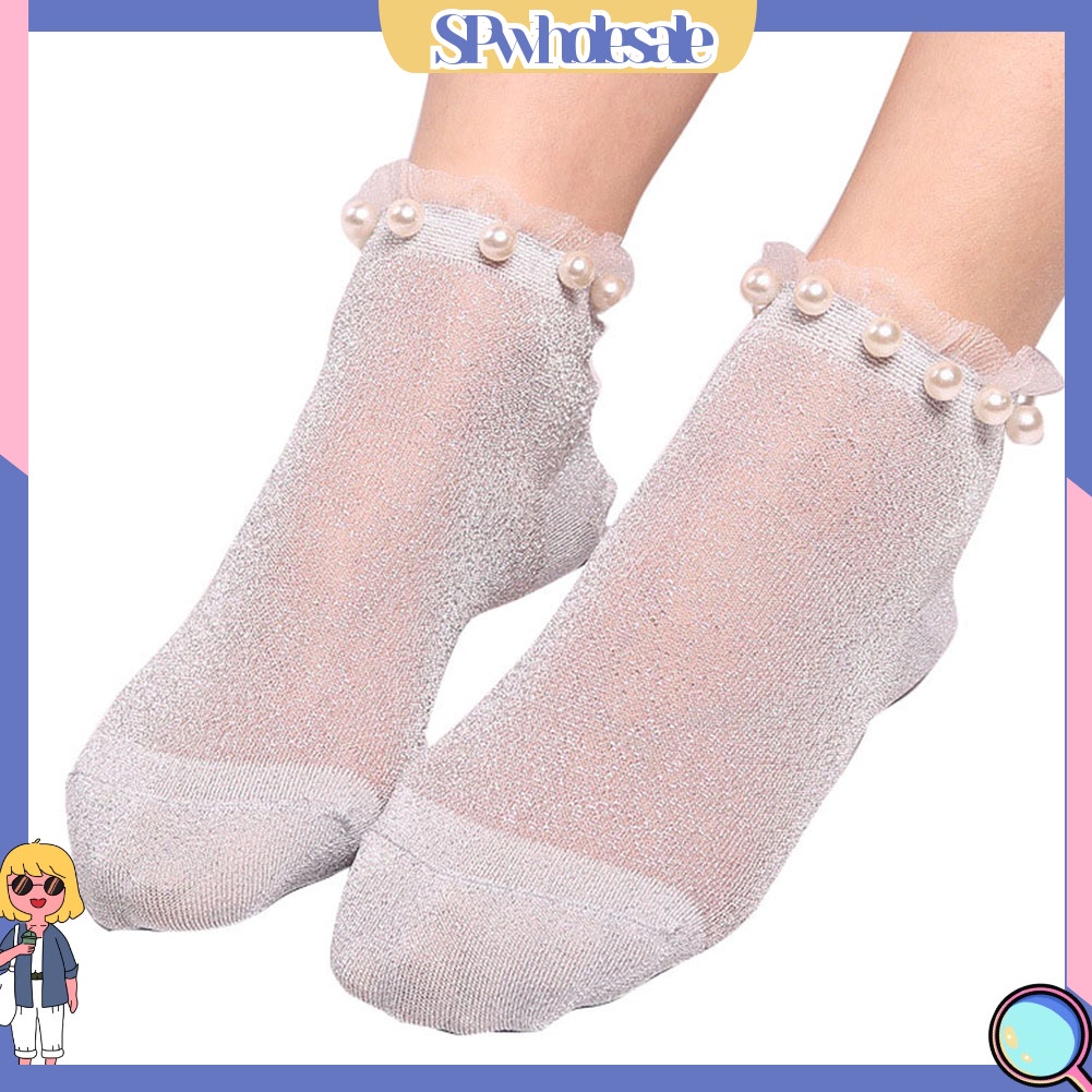 {SPwholesale} Vớ Cổ Thấp Co Giãn Trong Suốt Đính Ngọc Trai Giả Lấp Lánh Quyến Rũ Cho Nữ