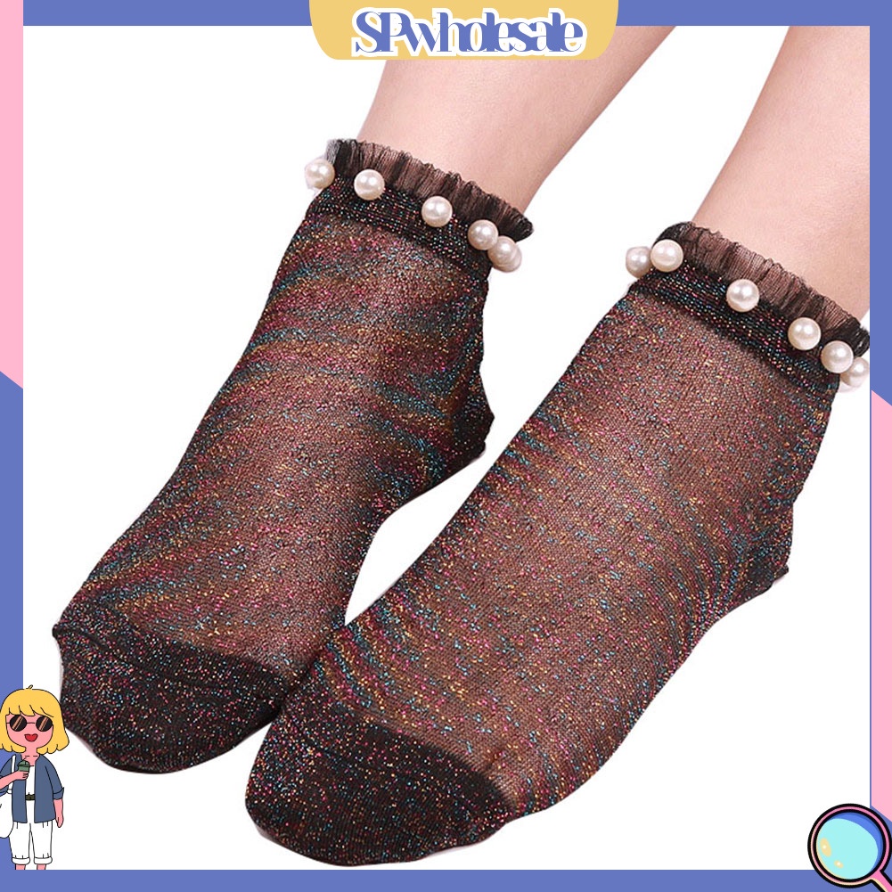 {SPwholesale} Vớ Cổ Thấp Co Giãn Trong Suốt Đính Ngọc Trai Giả Lấp Lánh Quyến Rũ Cho Nữ