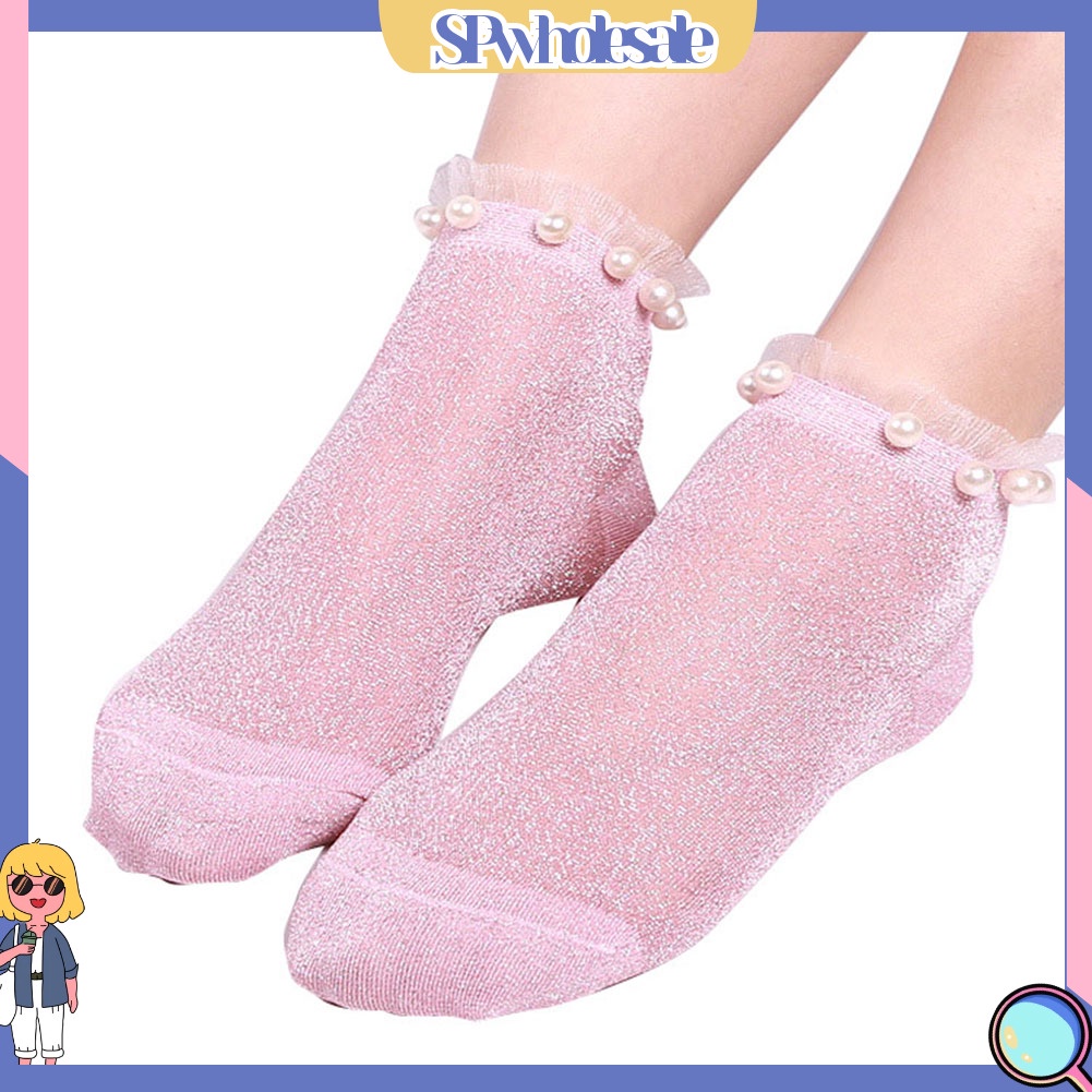 {SPwholesale} Vớ Cổ Thấp Co Giãn Trong Suốt Đính Ngọc Trai Giả Lấp Lánh Quyến Rũ Cho Nữ