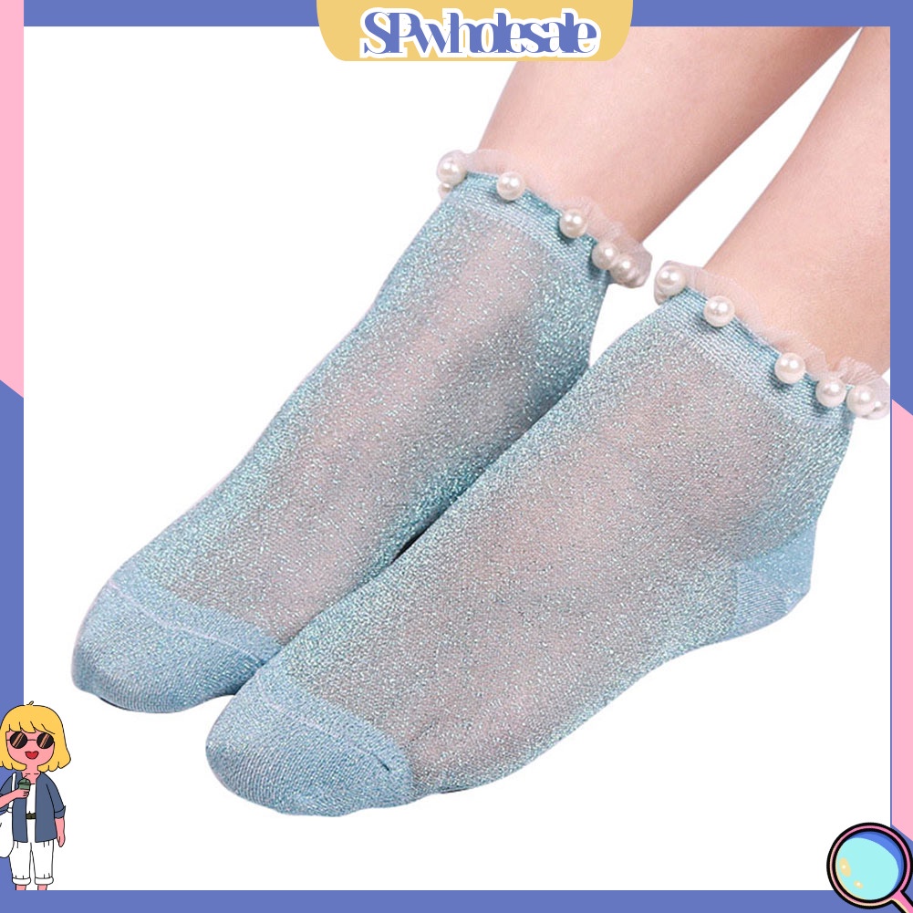 {SPwholesale} Vớ Cổ Thấp Co Giãn Trong Suốt Đính Ngọc Trai Giả Lấp Lánh Quyến Rũ Cho Nữ