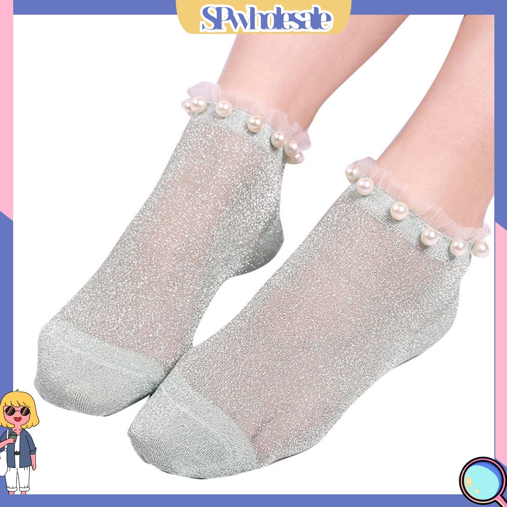 {SPwholesale} Vớ Cổ Thấp Co Giãn Trong Suốt Đính Ngọc Trai Giả Lấp Lánh Quyến Rũ Cho Nữ