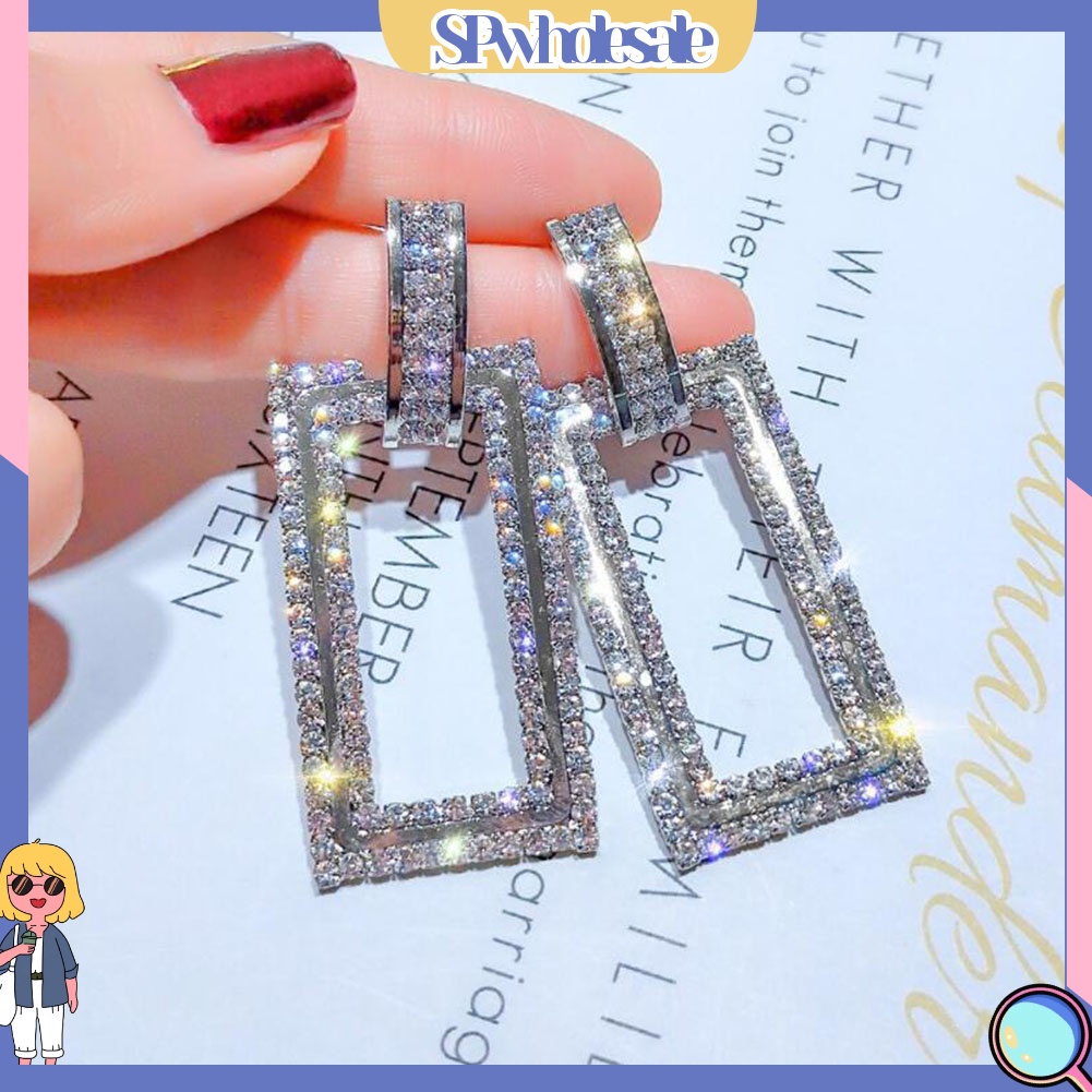 SPwholesale| Đôi Bông Tai Dáng Dài Hình Chữ Nhật Đính Đá Thời Trang Cho Nữ