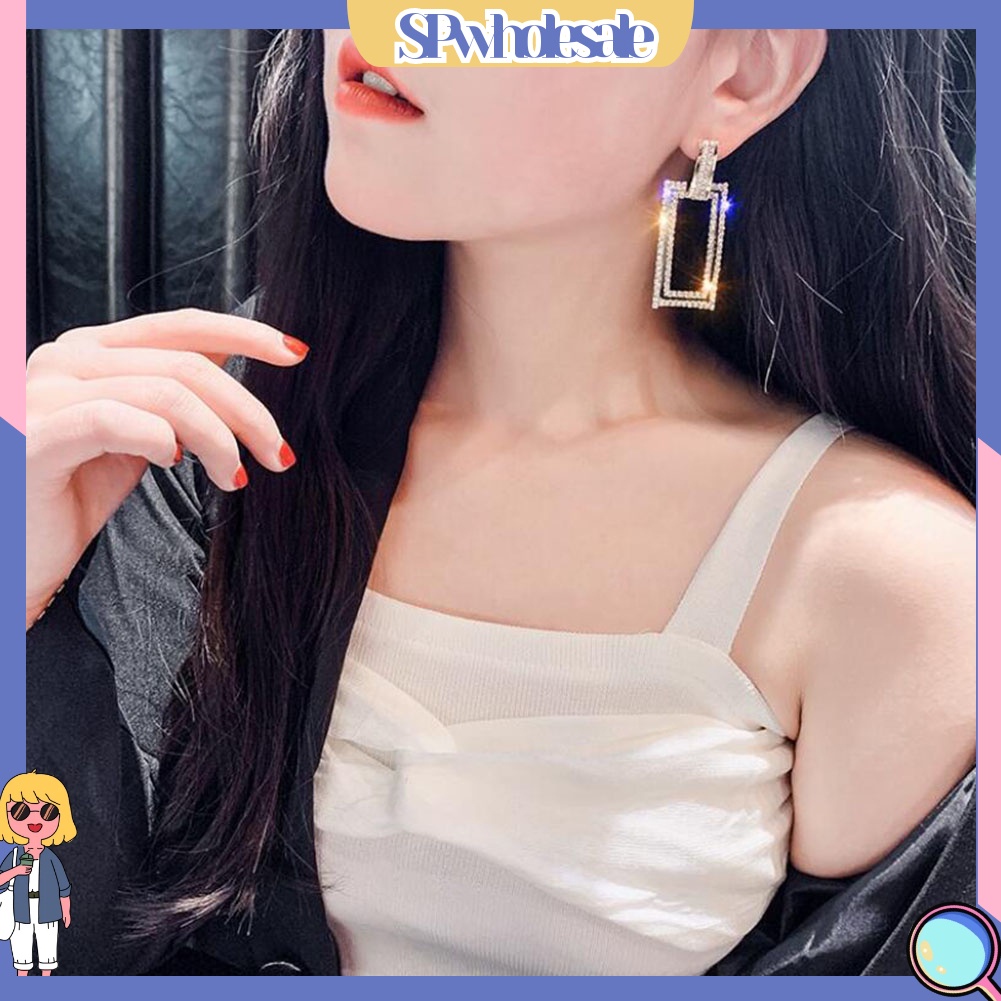 SPwholesale| Đôi Bông Tai Dáng Dài Hình Chữ Nhật Đính Đá Thời Trang Cho Nữ