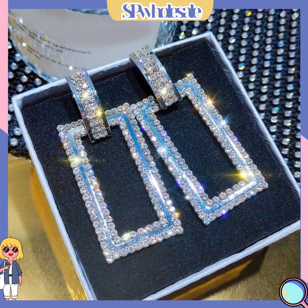 SPwholesale| Đôi Bông Tai Dáng Dài Hình Chữ Nhật Đính Đá Thời Trang Cho Nữ