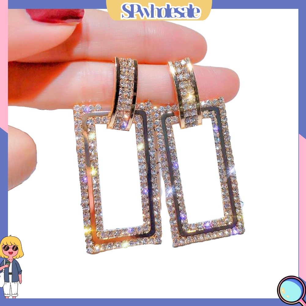 SPwholesale| Đôi Bông Tai Dáng Dài Hình Chữ Nhật Đính Đá Thời Trang Cho Nữ