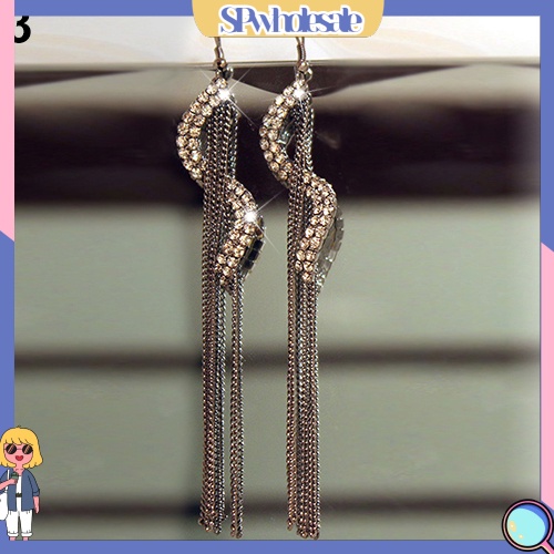 {SPwholesale} Bông Tai Dạng Dài Tua Rua Hình Chữ S Đính Đá Xinh Xắn