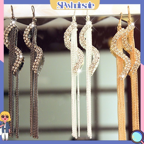 {SPwholesale} Bông Tai Dạng Dài Tua Rua Hình Chữ S Đính Đá Xinh Xắn