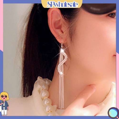 {SPwholesale} Bông Tai Dạng Dài Tua Rua Hình Chữ S Đính Đá Xinh Xắn