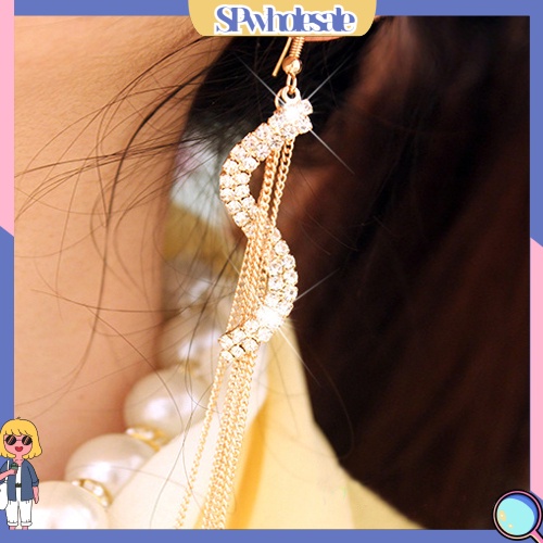 {SPwholesale} Bông Tai Dạng Dài Tua Rua Hình Chữ S Đính Đá Xinh Xắn