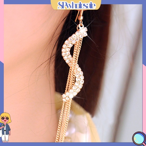 {SPwholesale} Bông Tai Dạng Dài Tua Rua Hình Chữ S Đính Đá Xinh Xắn