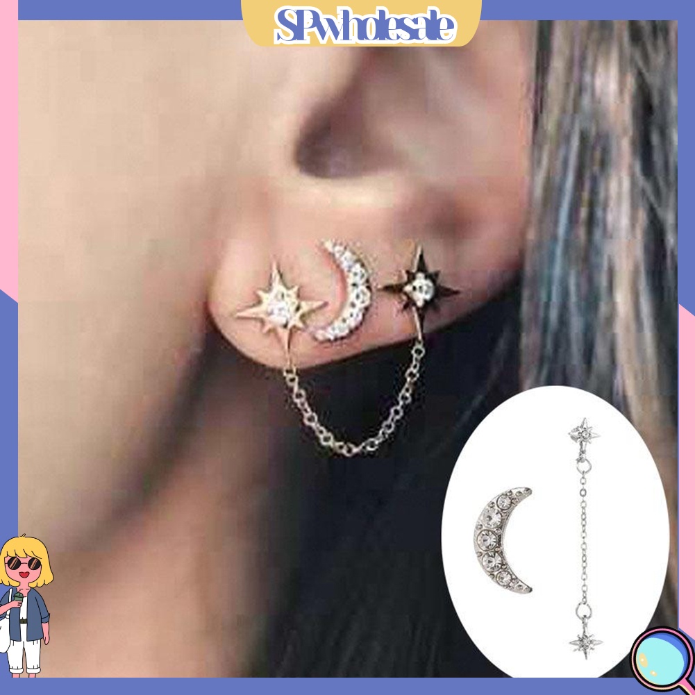{SPwholesale} 2 Chiếc Bông Tai Hình Mặt Trăng Và Ngôi Sao Đính Đá Cho Nữ