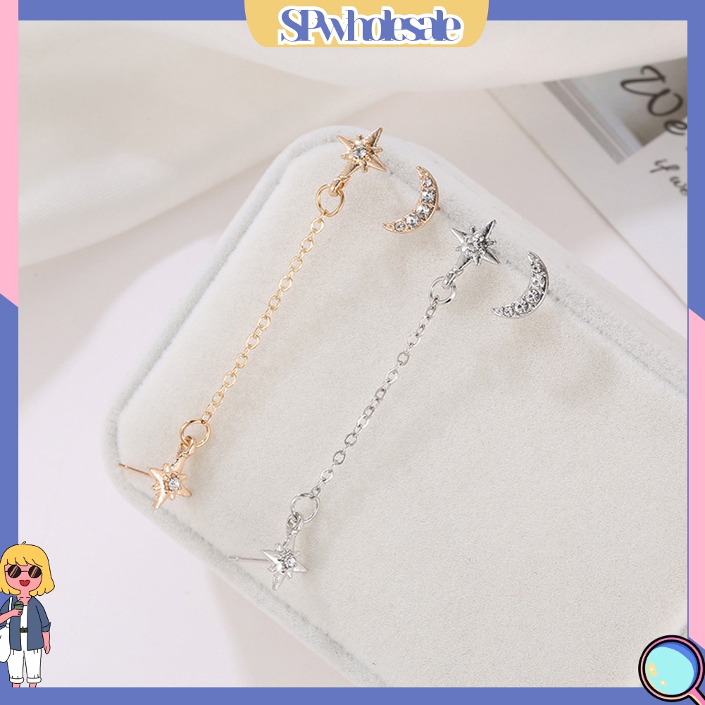 {SPwholesale} 2 Chiếc Bông Tai Hình Mặt Trăng Và Ngôi Sao Đính Đá Cho Nữ