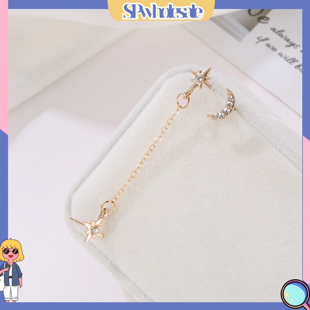 {SPwholesale} 2 Chiếc Bông Tai Hình Mặt Trăng Và Ngôi Sao Đính Đá Cho Nữ