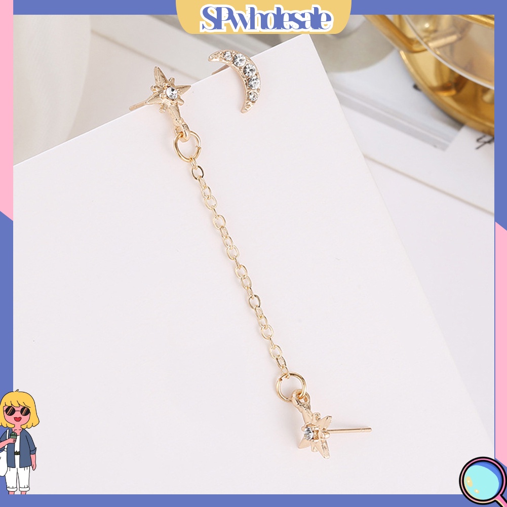 {SPwholesale} 2 Chiếc Bông Tai Hình Mặt Trăng Và Ngôi Sao Đính Đá Cho Nữ