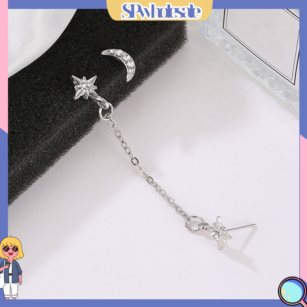 {SPwholesale} 2 Chiếc Bông Tai Hình Mặt Trăng Và Ngôi Sao Đính Đá Cho Nữ