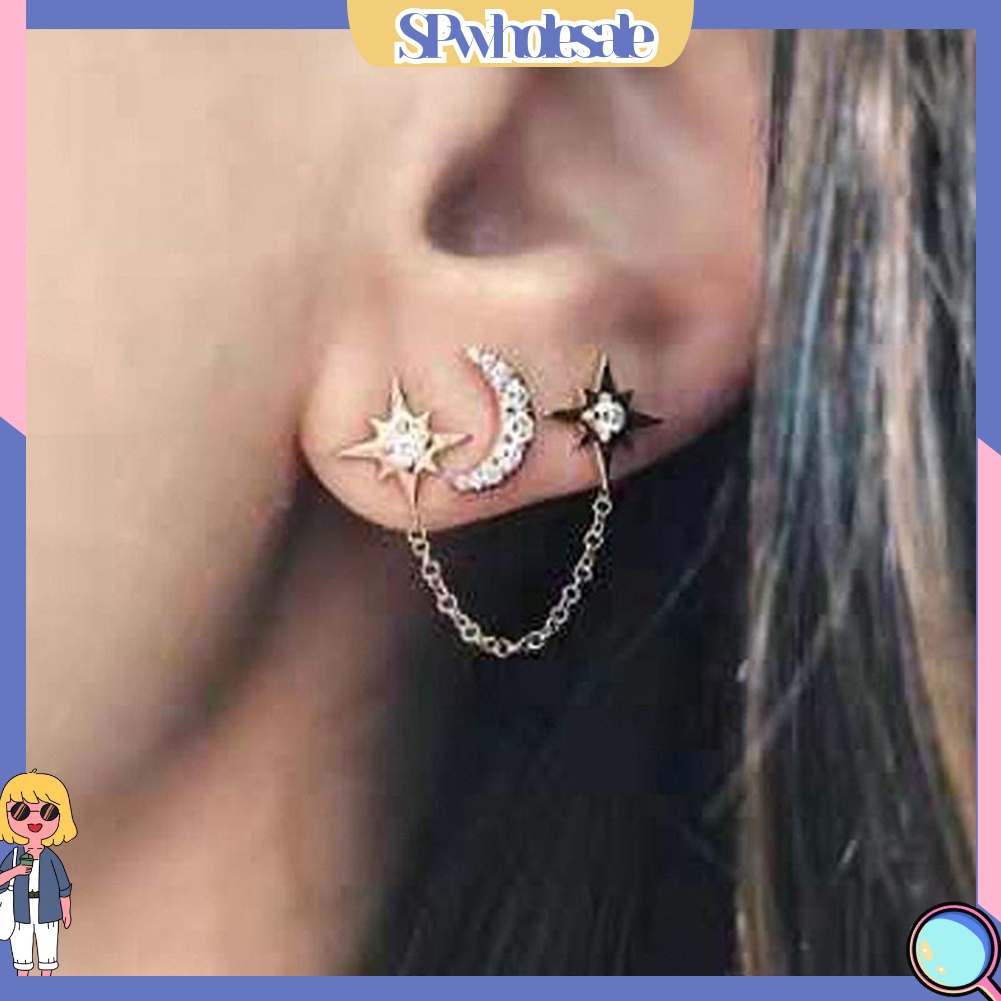 {SPwholesale} 2 Chiếc Bông Tai Hình Mặt Trăng Và Ngôi Sao Đính Đá Cho Nữ