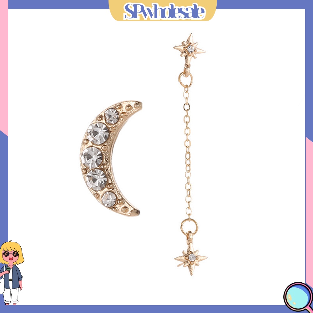 {SPwholesale} 2 Chiếc Bông Tai Hình Mặt Trăng Và Ngôi Sao Đính Đá Cho Nữ