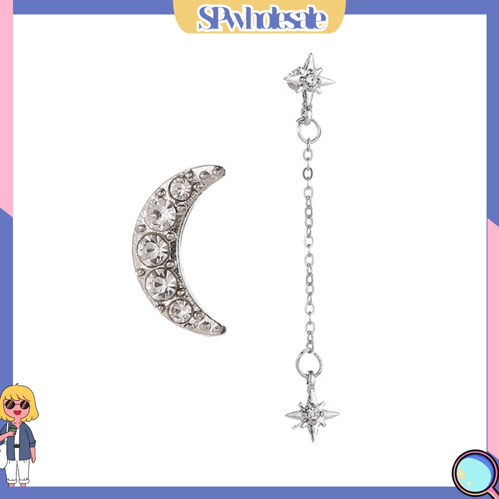 {SPwholesale} 2 Chiếc Bông Tai Hình Mặt Trăng Và Ngôi Sao Đính Đá Cho Nữ