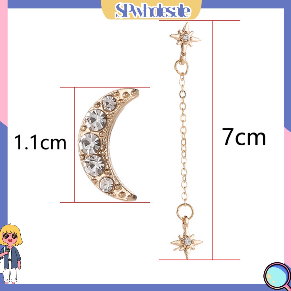 {SPwholesale} 2 Chiếc Bông Tai Hình Mặt Trăng Và Ngôi Sao Đính Đá Cho Nữ