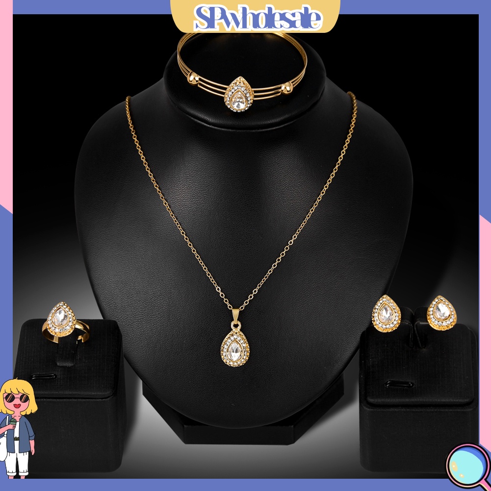 {SPwholesale} Bộ trang sức gồm vòng cổ bông tai và nhẫn thiết kế hình giọt nước thời trang cổ điển cho nữ