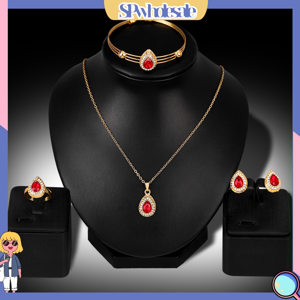 {SPwholesale} Bộ trang sức gồm vòng cổ bông tai và nhẫn thiết kế hình giọt nước thời trang cổ điển cho nữ