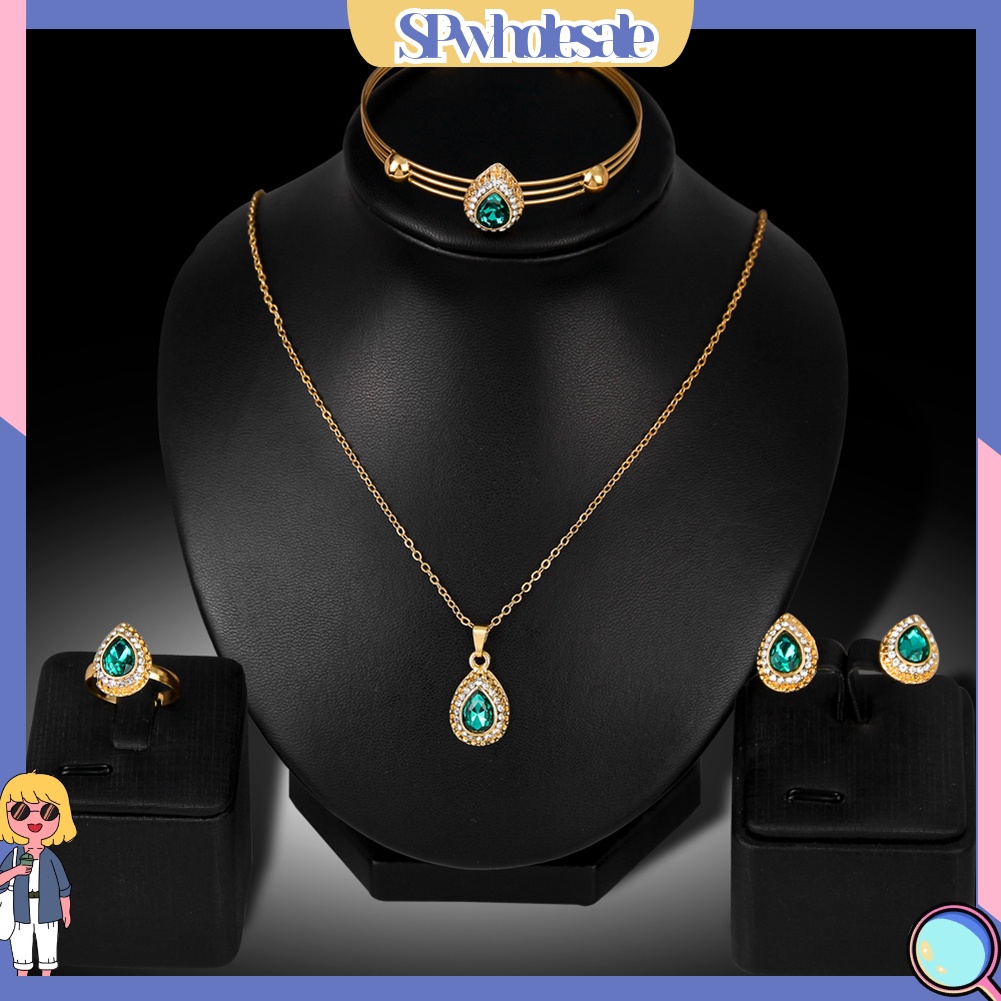 {SPwholesale} Bộ trang sức gồm vòng cổ bông tai và nhẫn thiết kế hình giọt nước thời trang cổ điển cho nữ