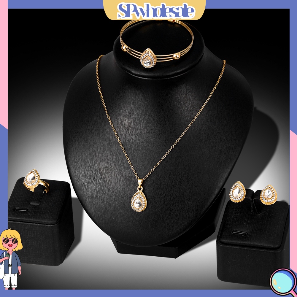 {SPwholesale} Bộ trang sức gồm vòng cổ bông tai và nhẫn thiết kế hình giọt nước thời trang cổ điển cho nữ