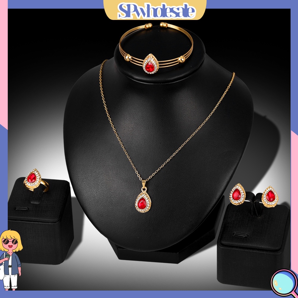 {SPwholesale} Bộ trang sức gồm vòng cổ bông tai và nhẫn thiết kế hình giọt nước thời trang cổ điển cho nữ