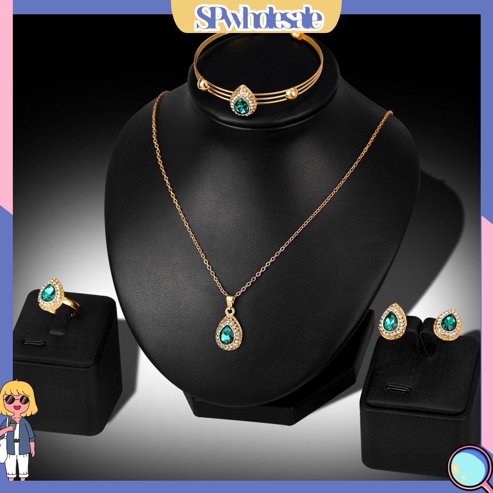 {SPwholesale} Bộ trang sức gồm vòng cổ bông tai và nhẫn thiết kế hình giọt nước thời trang cổ điển cho nữ