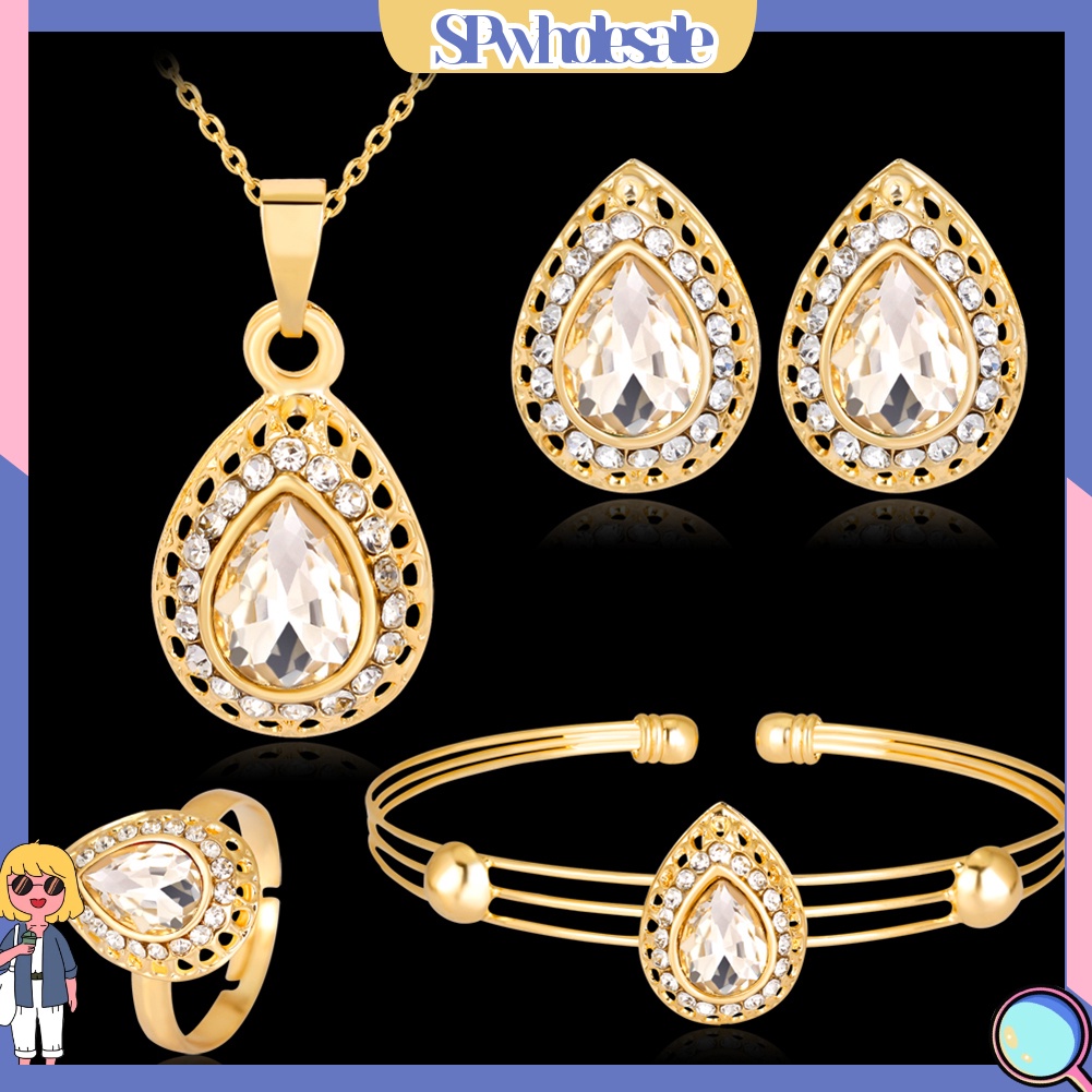 {SPwholesale} Bộ trang sức gồm vòng cổ bông tai và nhẫn thiết kế hình giọt nước thời trang cổ điển cho nữ