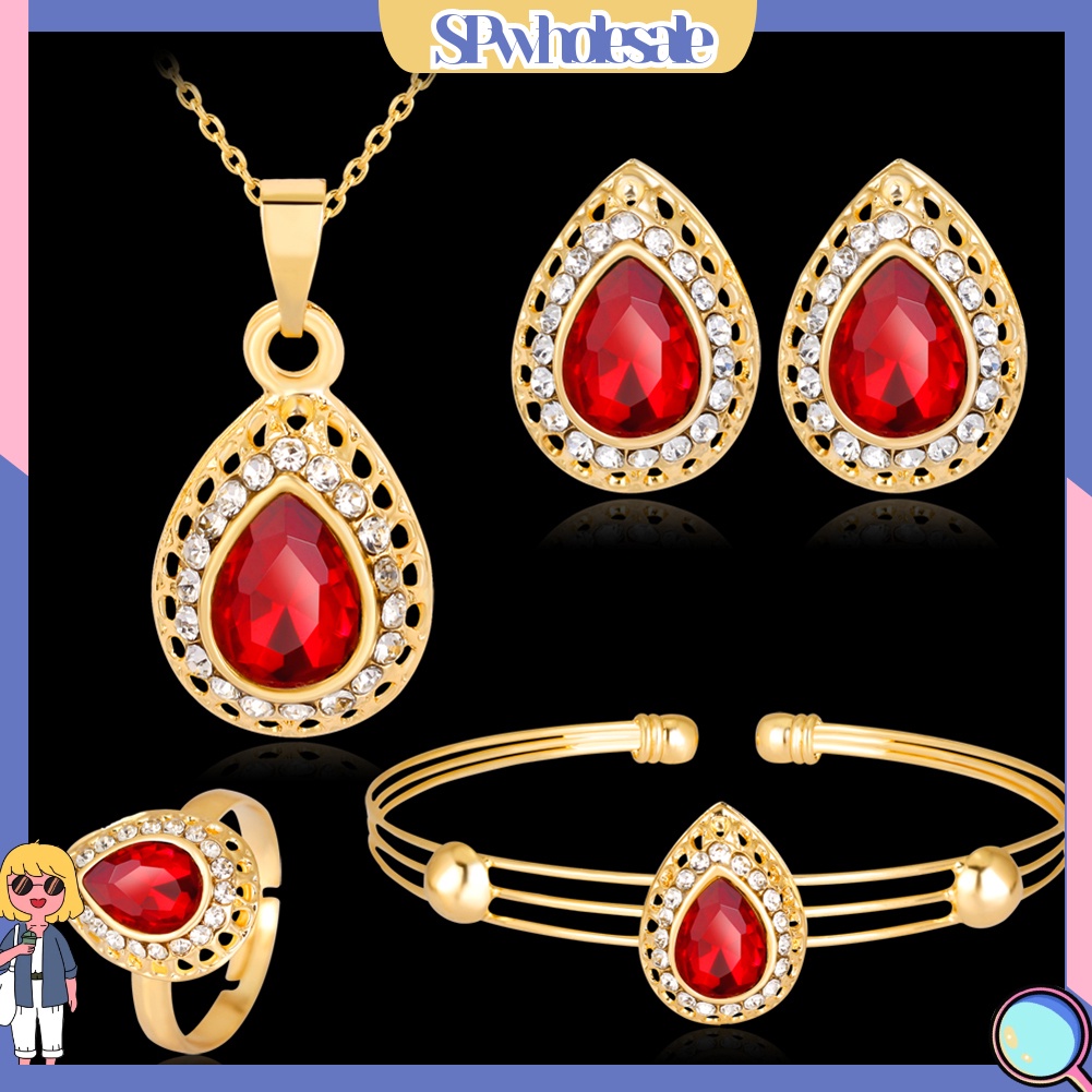 {SPwholesale} Bộ trang sức gồm vòng cổ bông tai và nhẫn thiết kế hình giọt nước thời trang cổ điển cho nữ