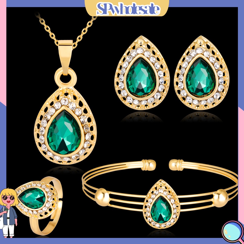 {SPwholesale} Bộ trang sức gồm vòng cổ bông tai và nhẫn thiết kế hình giọt nước thời trang cổ điển cho nữ