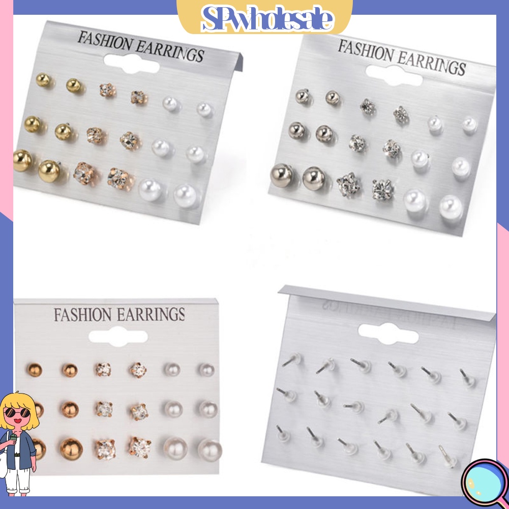 {SPwholesale} Set 9 đôi khuyên tai đính đá và ngọc trai giả thời trang dành cho nữ