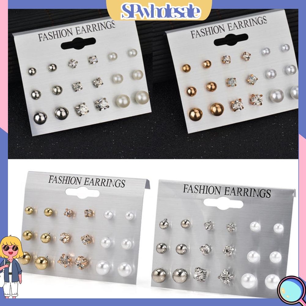 {SPwholesale} Set 9 đôi khuyên tai đính đá và ngọc trai giả thời trang dành cho nữ