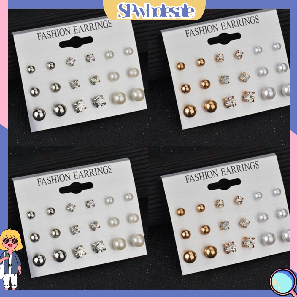 {SPwholesale} Set 9 đôi khuyên tai đính đá và ngọc trai giả thời trang dành cho nữ