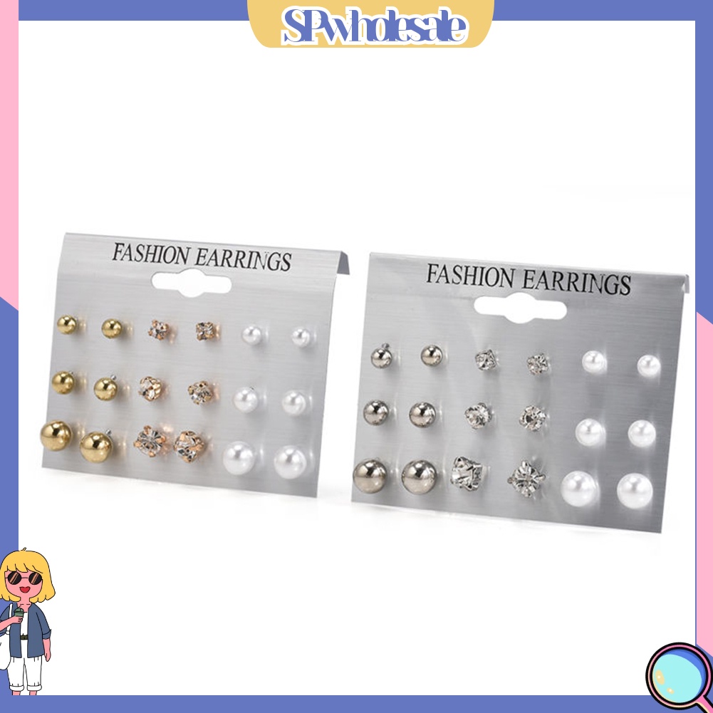 {SPwholesale} Set 9 đôi khuyên tai đính đá và ngọc trai giả thời trang dành cho nữ