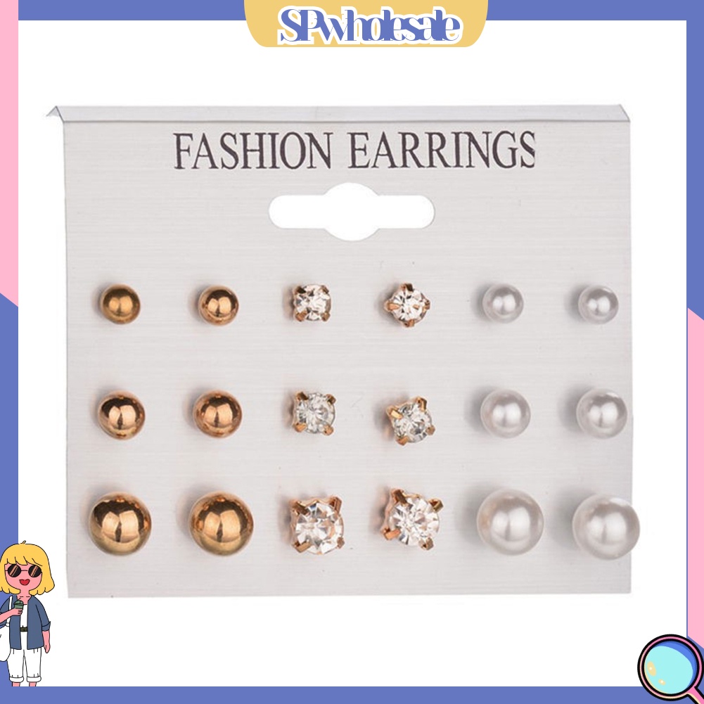 {SPwholesale} Set 9 đôi khuyên tai đính đá và ngọc trai giả thời trang dành cho nữ