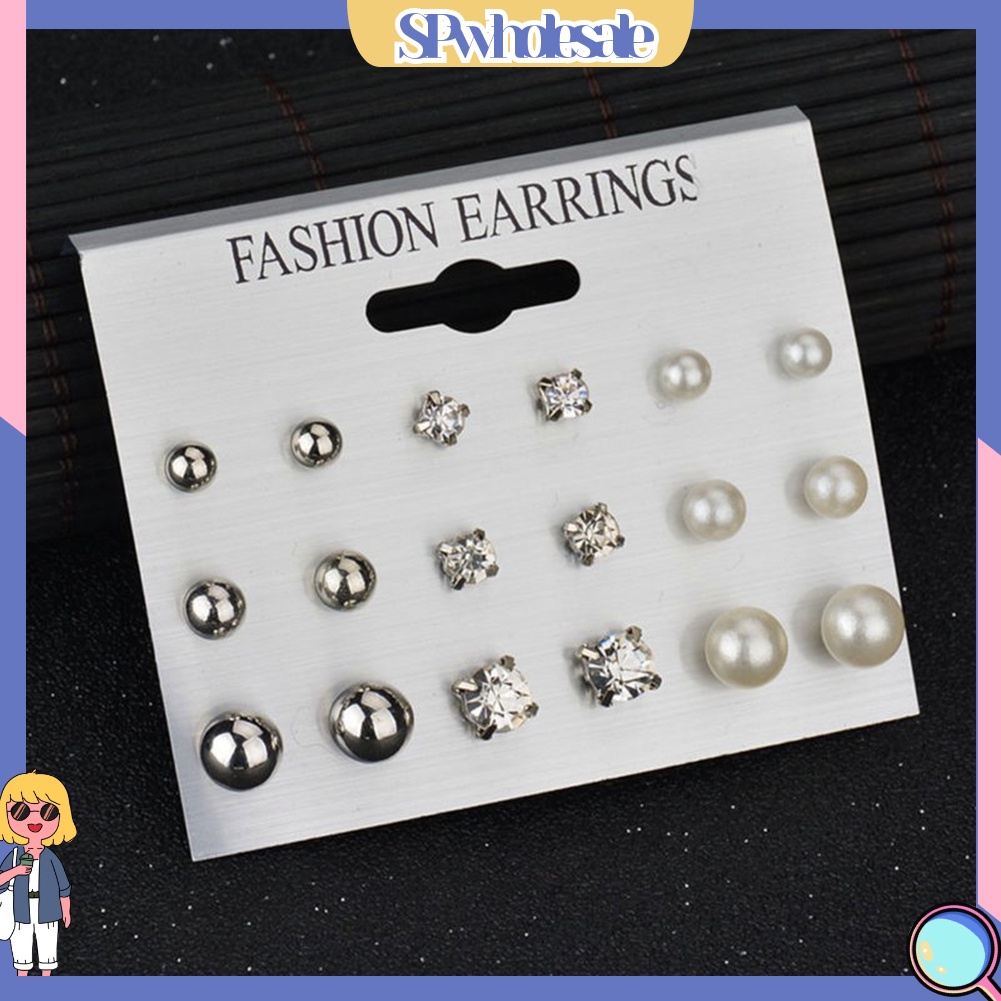 {SPwholesale} Set 9 đôi khuyên tai đính đá và ngọc trai giả thời trang dành cho nữ