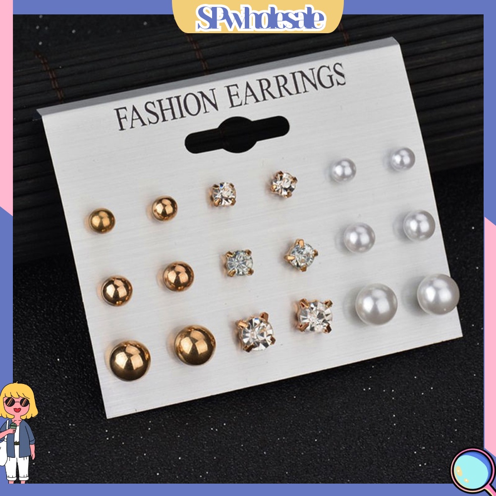 {SPwholesale} Set 9 đôi khuyên tai đính đá và ngọc trai giả thời trang dành cho nữ