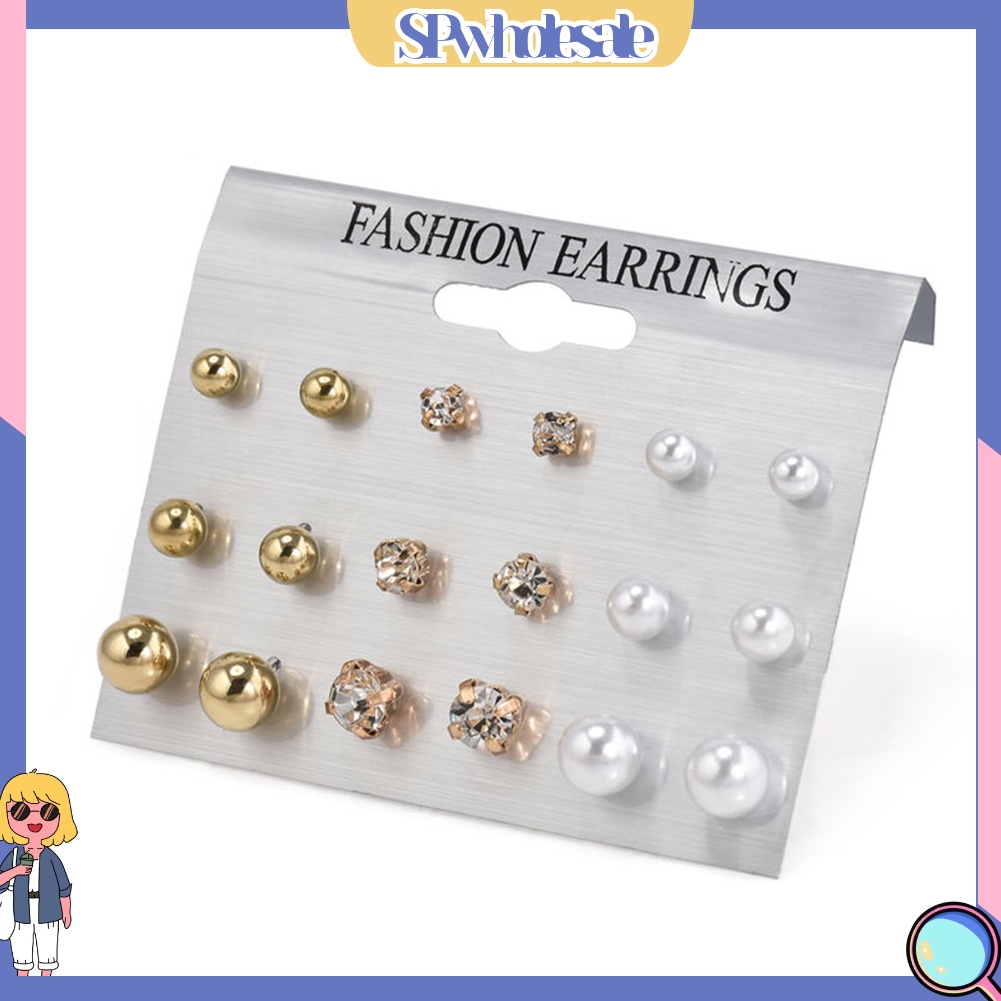 {SPwholesale} Set 9 đôi khuyên tai đính đá và ngọc trai giả thời trang dành cho nữ