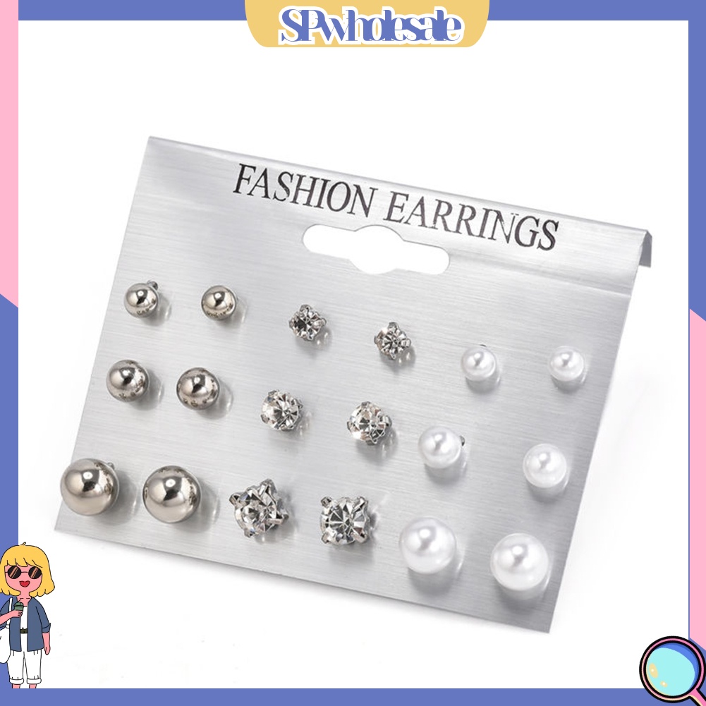 {SPwholesale} Set 9 đôi khuyên tai đính đá và ngọc trai giả thời trang dành cho nữ