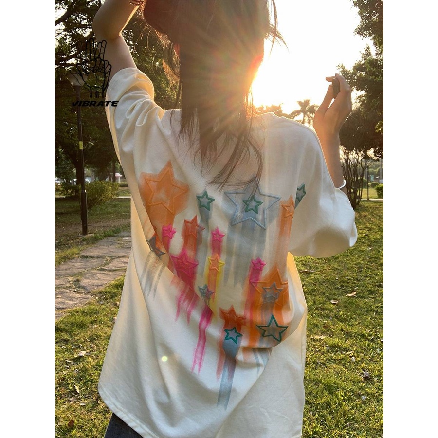 Áo Thun 100% Cotton Tay Ngắn Dáng Rộng Cổ Tròn In Hình Ngôi Sao Sau Lưng Phong Cách Nhật Bản Cho Nữ