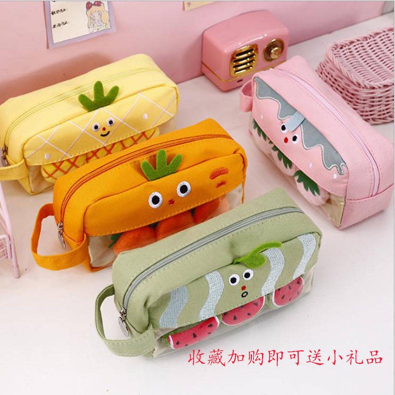 Túi Đựng Bút Bằng Vải Canvas Hình Vuông Cỡ Lớn In Họa Tiết Trái Cây / Rau Củ Quả Xinh Xắn Tiện Dụng