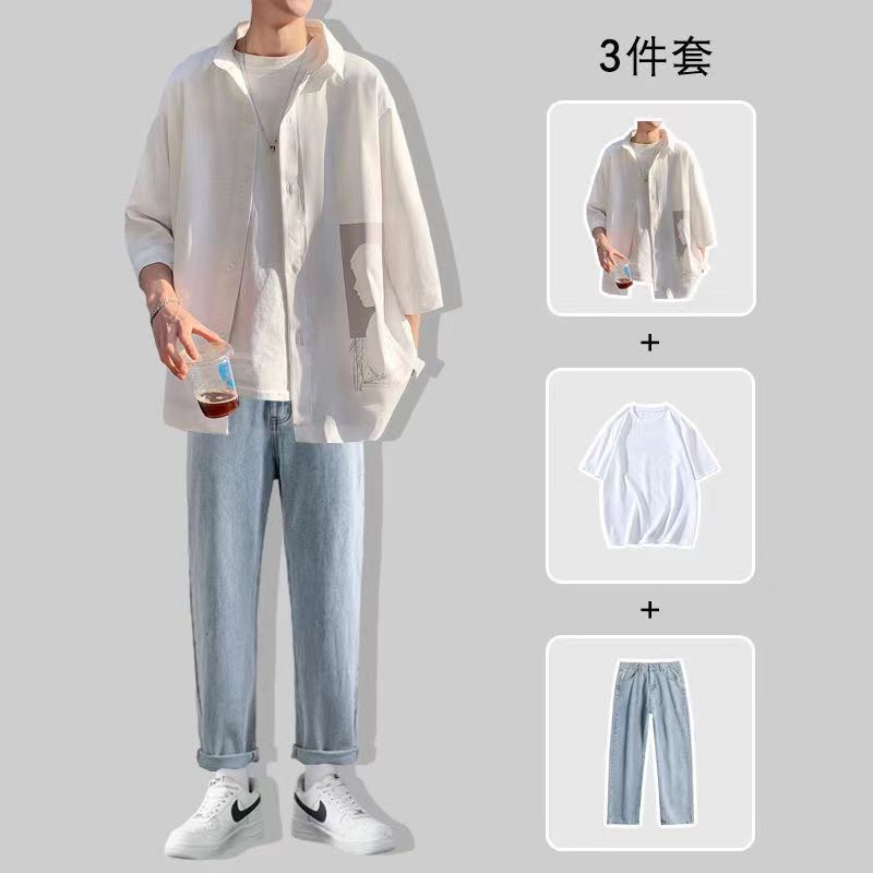 ◄Áo sơ mi ba mảnh ngắn tay nam mùa hè rộng rãi phù hợp với nam giới cỡ lớn với quần jean đẹp trai phù hợp với giản dị